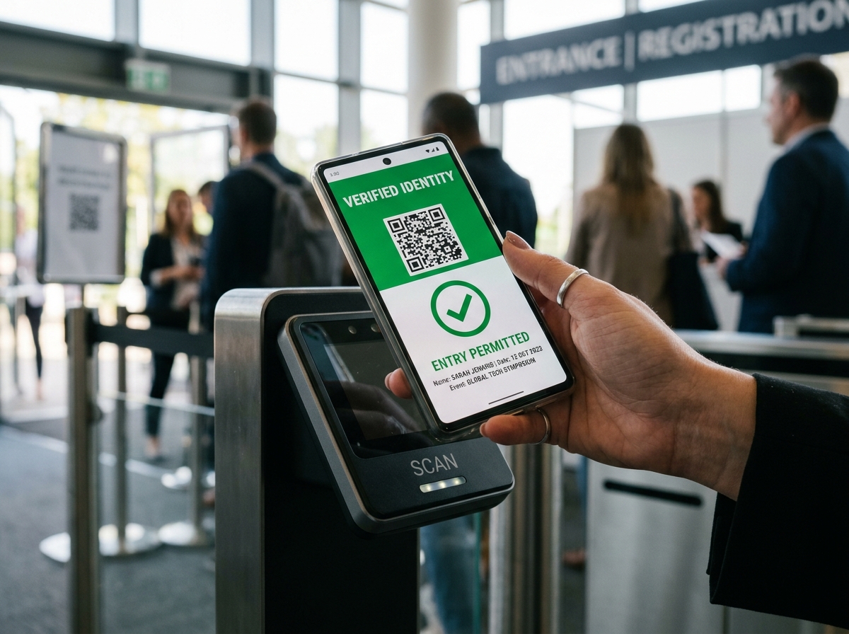 Illustration of a phone scanning a crew QR code and showing a verified result